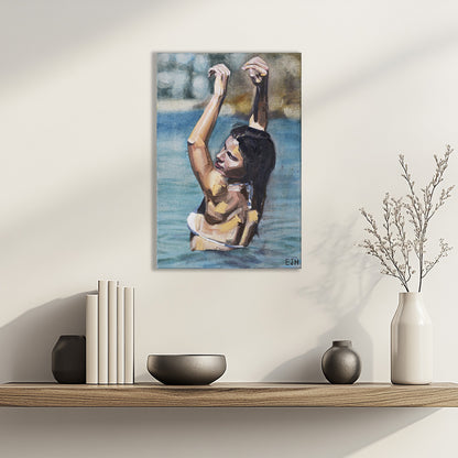 'Golden Hour' oil painting of a woman in the ocean with arms raised hanging above a shelf with decorative items.