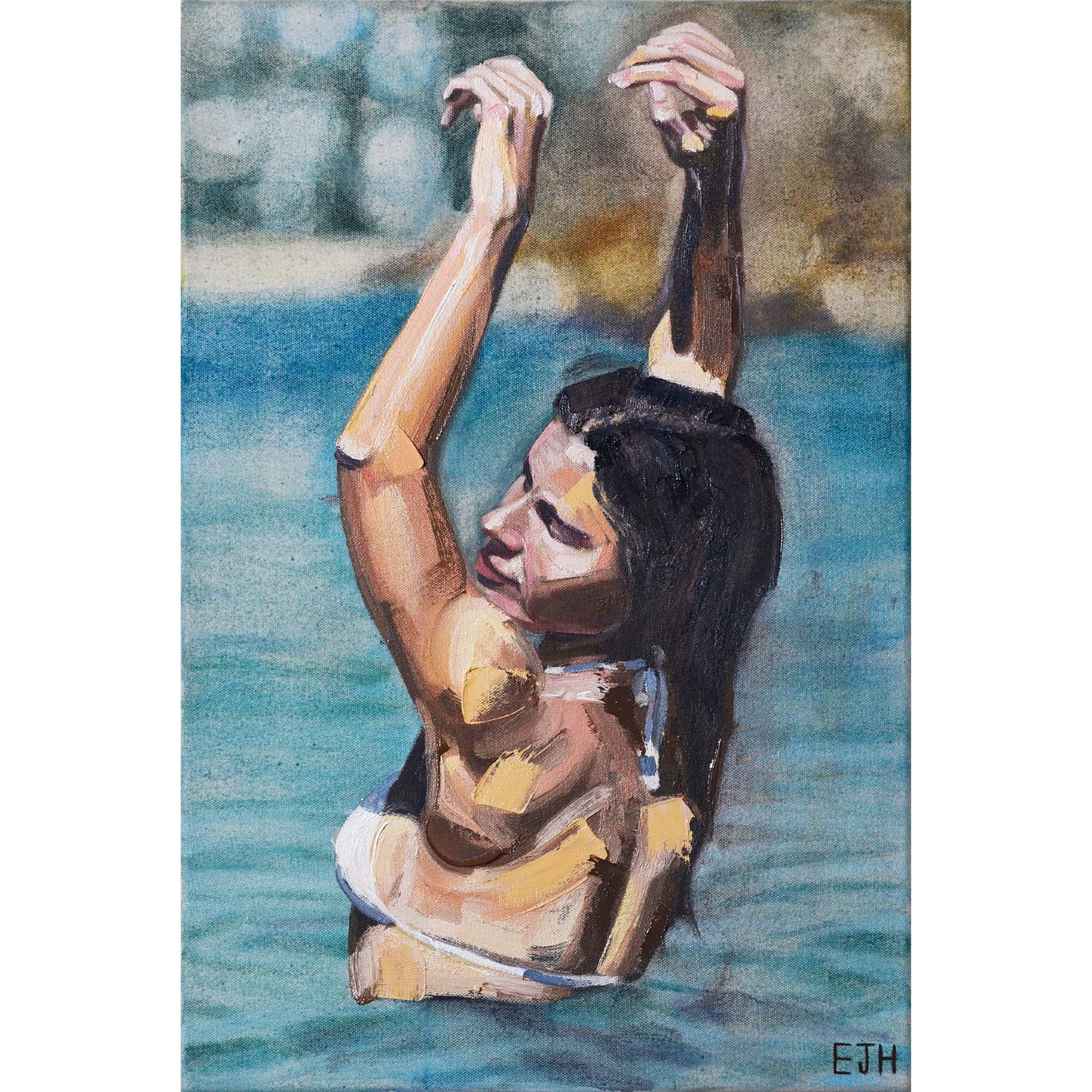 Oil on canvas painting titled 'Follow The Sun', 2025 depicting a female subject with her arms raised against a blurry headland background.