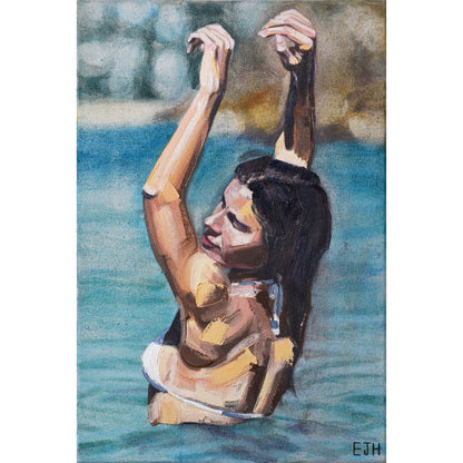 Oil on canvas painting titled 'Follow The Sun', 2025 depicting a female subject with her arms raised against a blurry headland background.