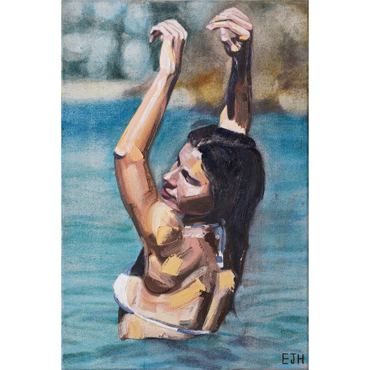 Oil on canvas painting titled 'Follow The Sun', 2025 depicting a female subject with her arms raised against a blurry headland background.