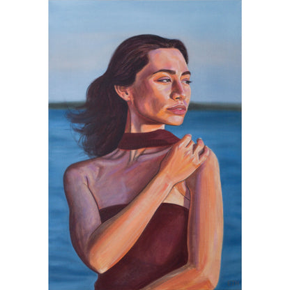 Oil painting titled 'Golden Hour', 2025 depicting a female subject with vibrant, contrasting colours.