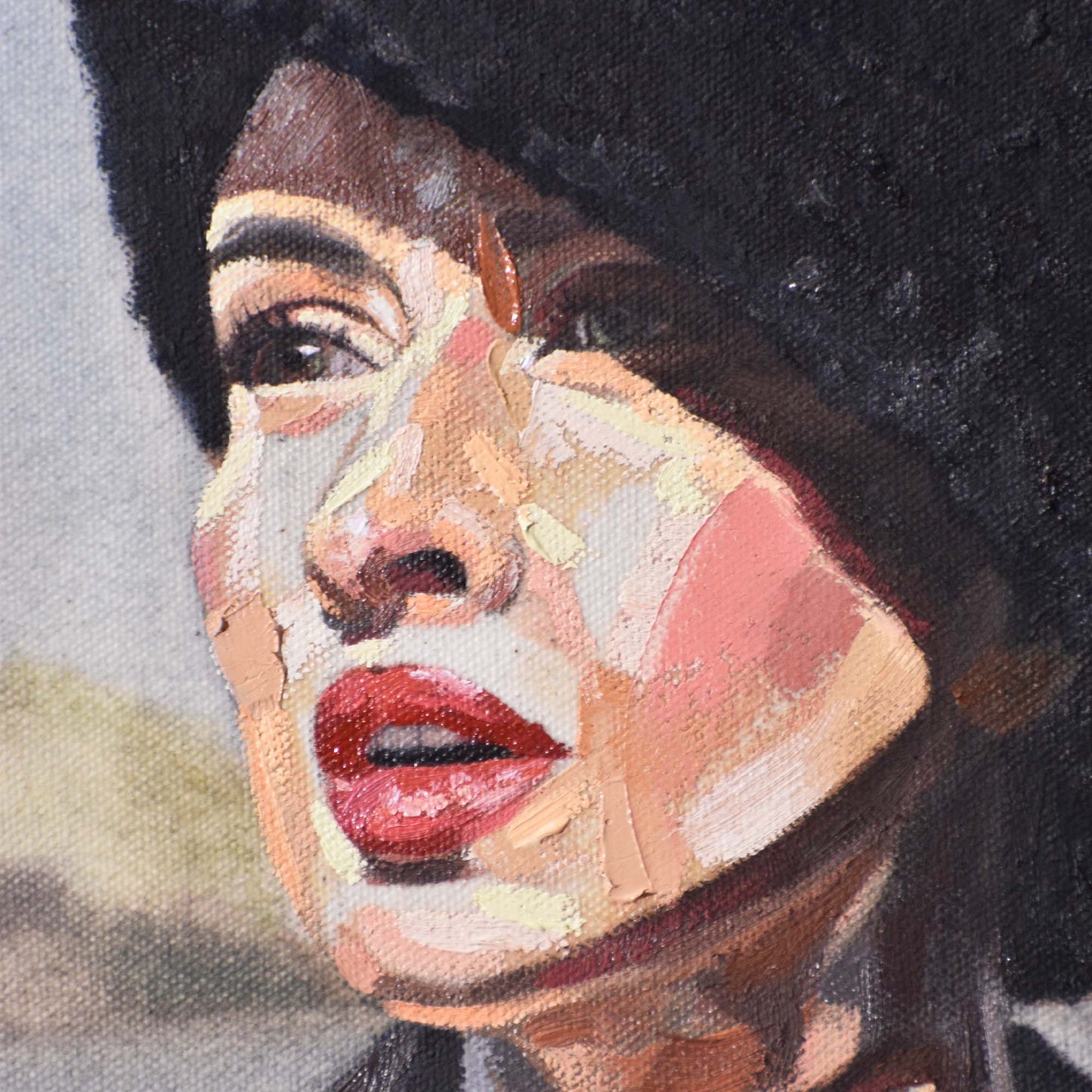 Close-up of woman’s face with a stunning expression in a Contemporary portrait painting.