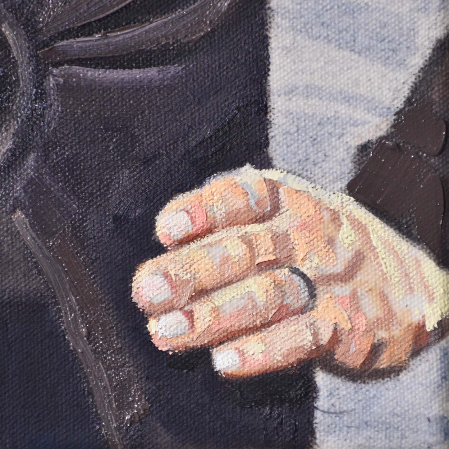 Close-up of woman’s hand with blurred blue background in a Contemporary portrait painting.