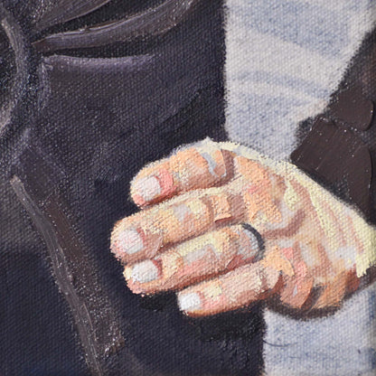Close-up of woman’s hand with blurred blue background in a Contemporary portrait painting.