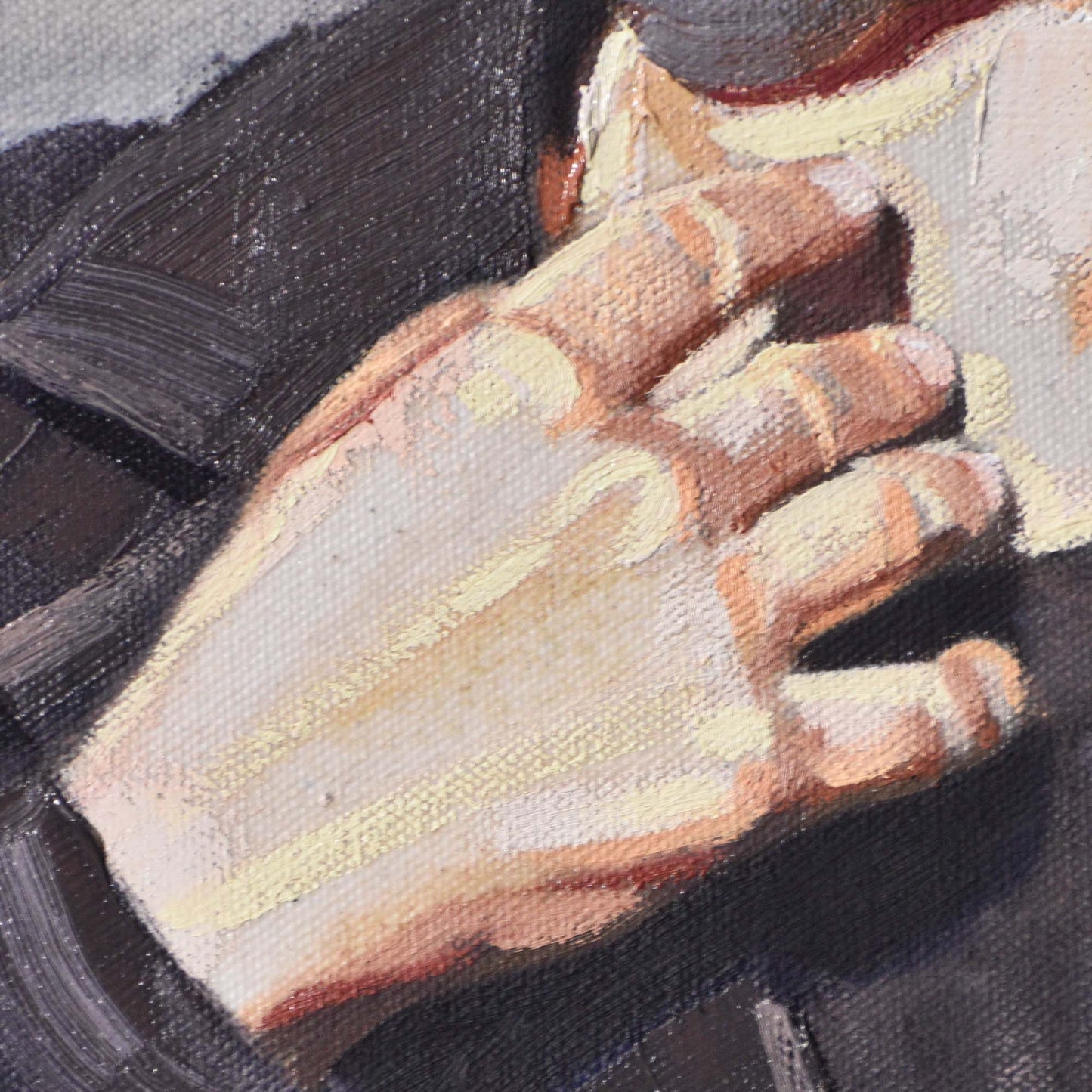 Close-up of woman’s hand with black jacket collar in a Contemporary portrait painting.