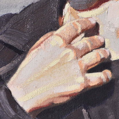 Close-up of woman’s hand with black jacket collar in a Contemporary portrait painting.