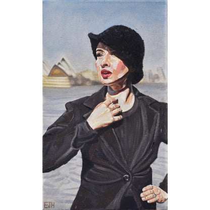 Oil painting titled 'Habour View', 2025 depicting a female subject with Sydney Opera House in the background