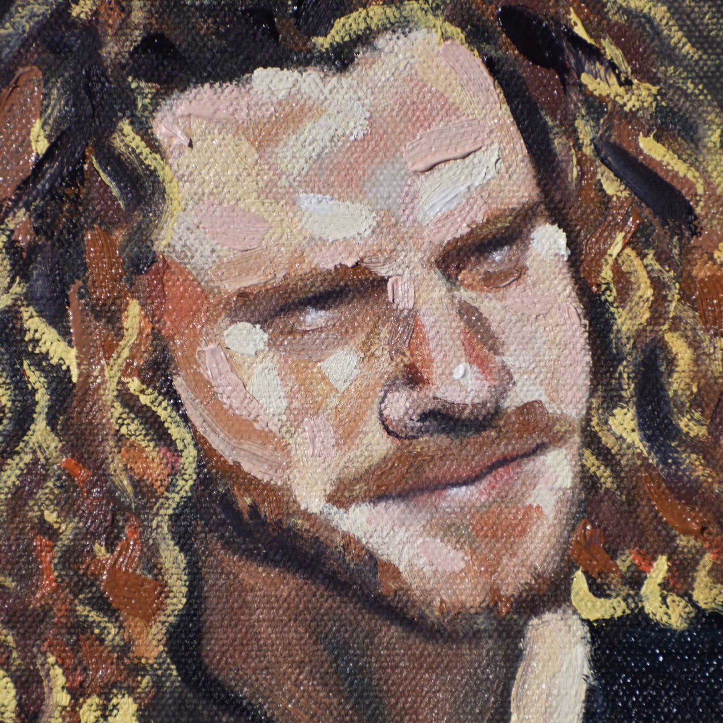 Close-up of man’s face with a neutral expression with long hair in a Contemporary portrait painting.