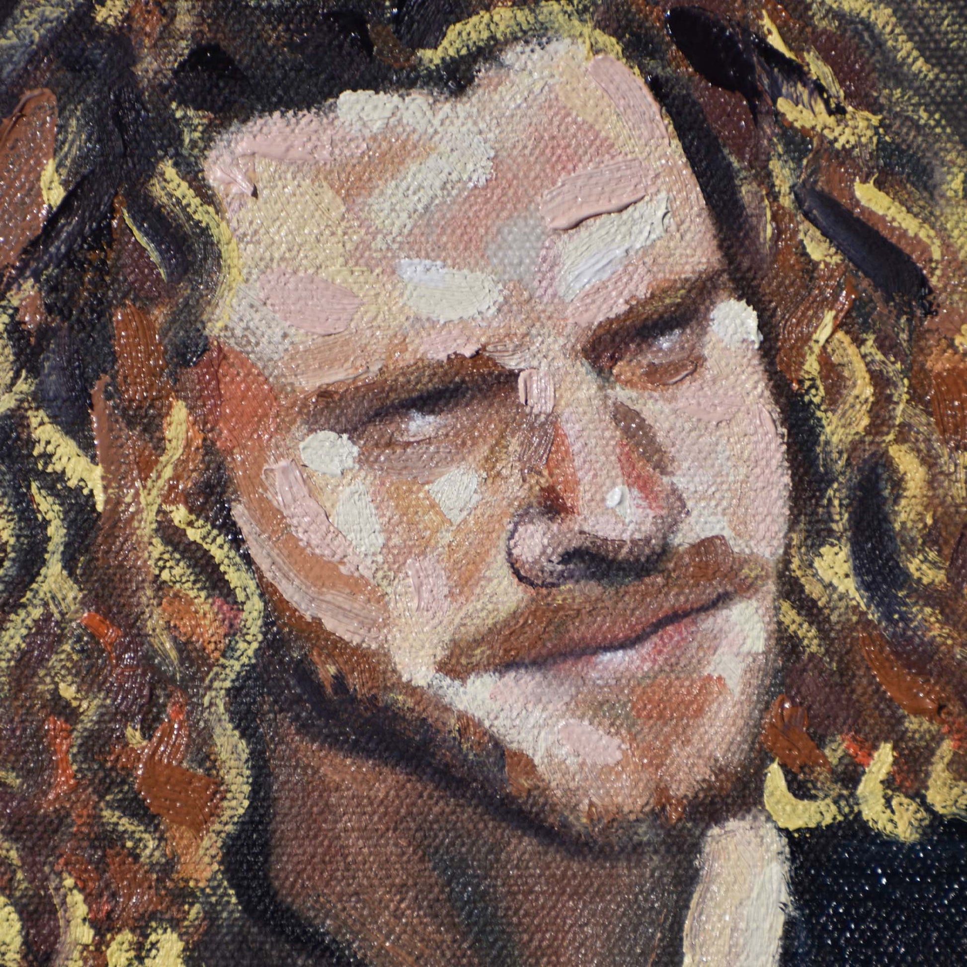 Close-up of man’s face with a neutral expression with long hair in a Contemporary portrait painting.