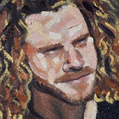 Close-up of man’s face with a neutral expression with long hair in a Contemporary portrait painting.