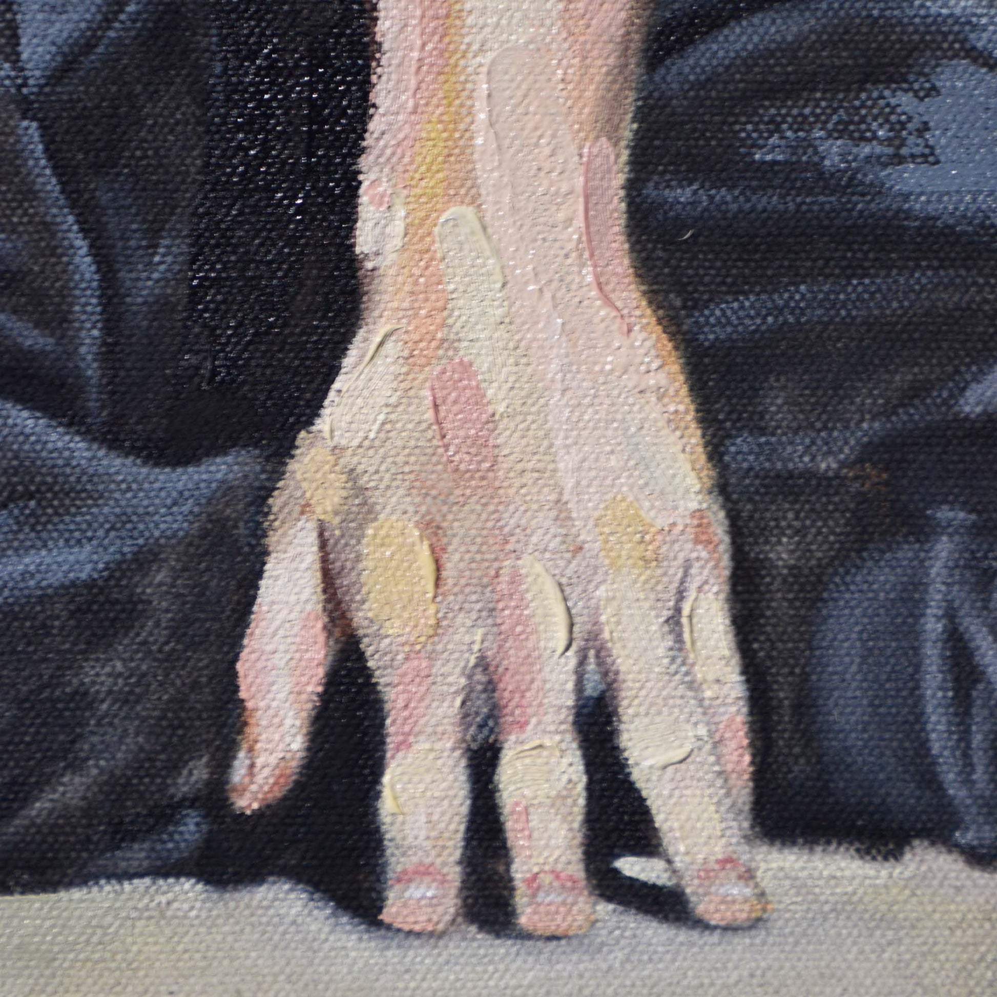 Close-up of a man's hand with patches of a textured fabric in the background of a Contemporary portrait painting.