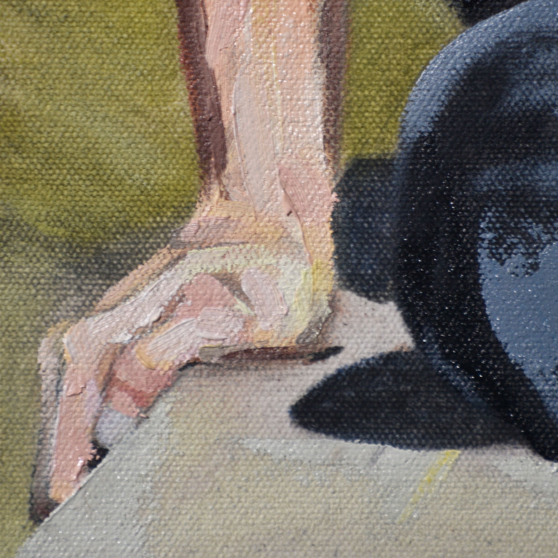 Close-up of man’s hand with blurred green background in a Contemporary portrait painting.