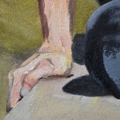 Close-up of man’s hand with blurred green background in a Contemporary portrait painting.