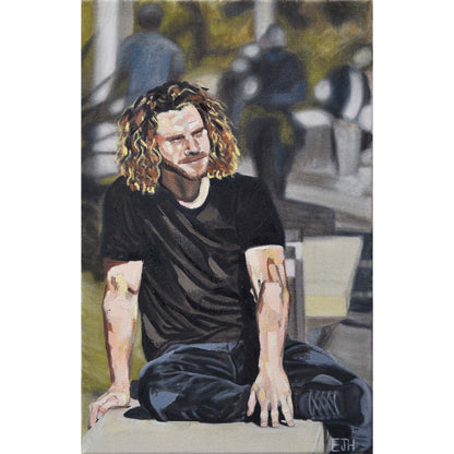 Oil on canvas painting titled 'In A Moment Of Silence', 2025 depicting a male subject sitting on a sandstone bench.