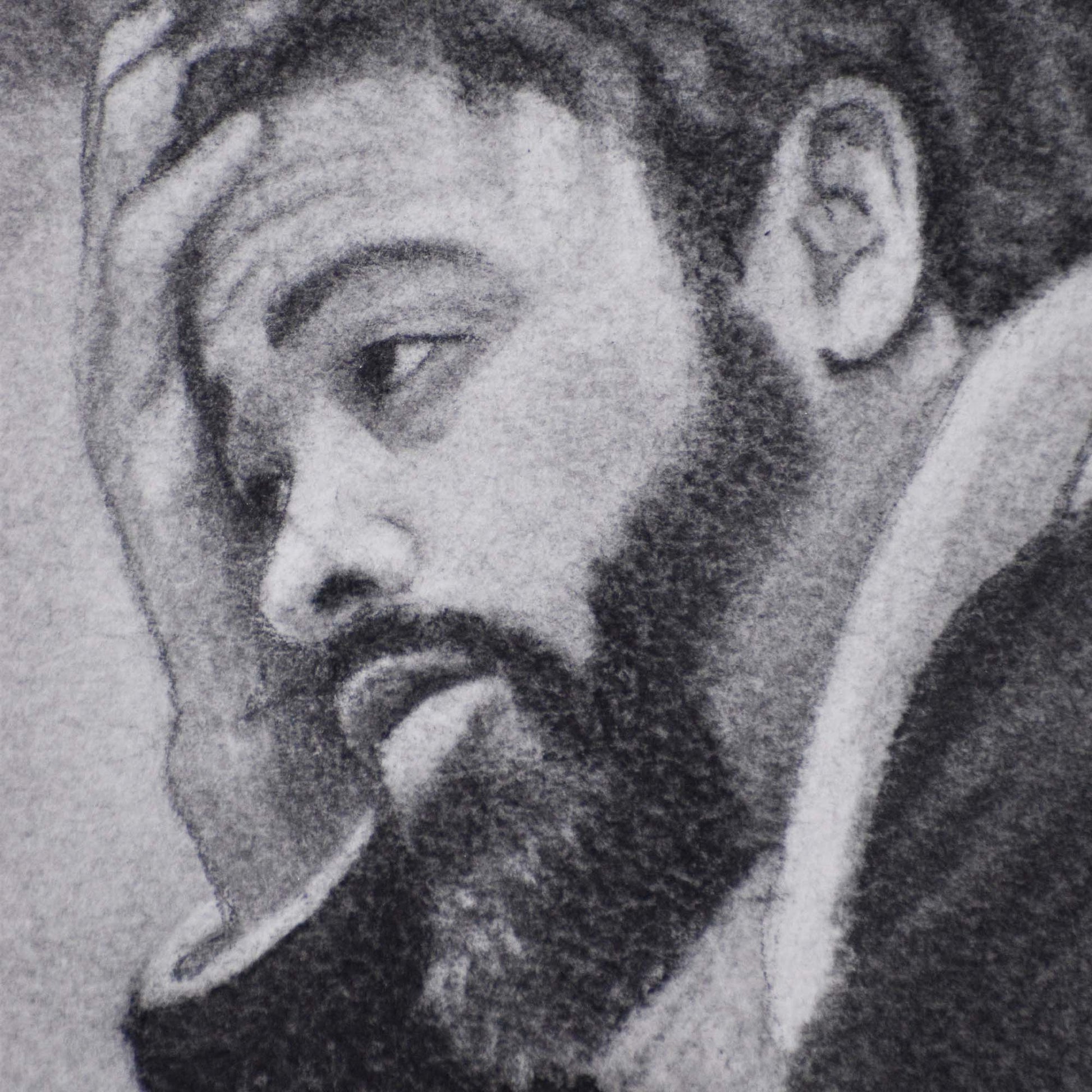 Close-up of bearded man's sad expression in a Contemporary portrait drawing.