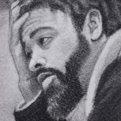 Close-up of bearded man's sad expression in a Contemporary portrait drawing.