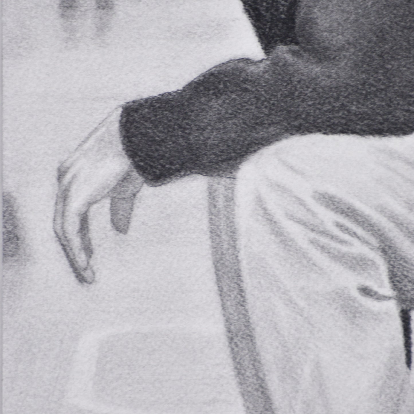 Close-up of a man's hand with a dark jacket and light pants in a Contemporary portrait drawing.