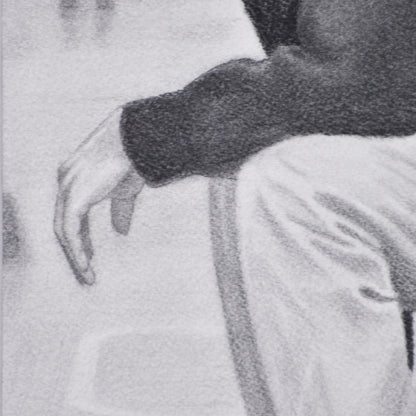 Close-up of a man's hand with a dark jacket and light pants in a Contemporary portrait drawing.