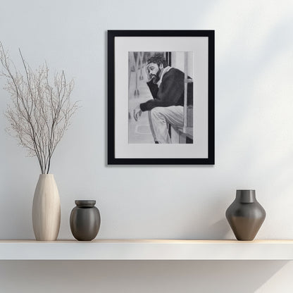 'Lost In My Head' framed portrait drawing hanging on a wall above a wooden shelf with decorative vases.