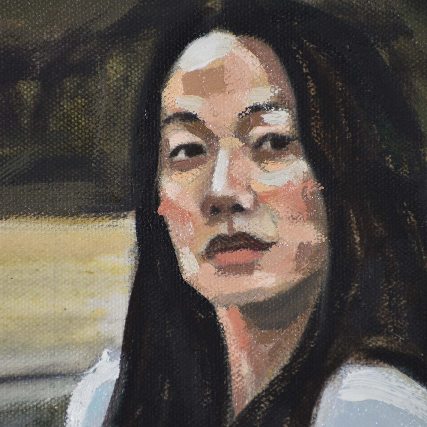 Close-up of woman’s face with a neutral expression in a Contemporary portrait painting.