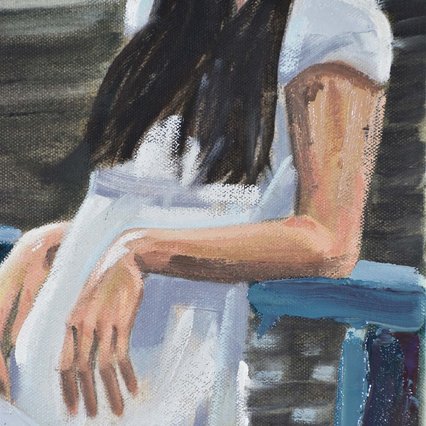 Close-up of woman’s arm with blurred blue background in a Contemporary portrait painting.