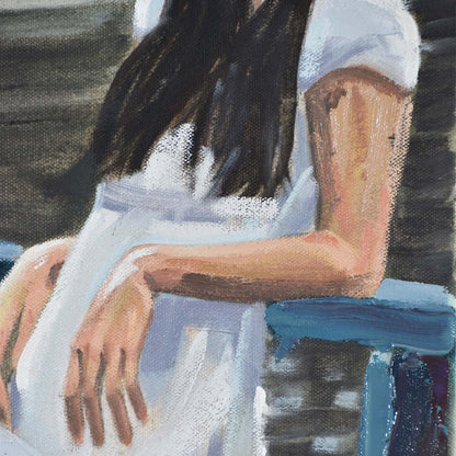 Close-up of woman’s arm with blurred blue background in a Contemporary portrait painting.
