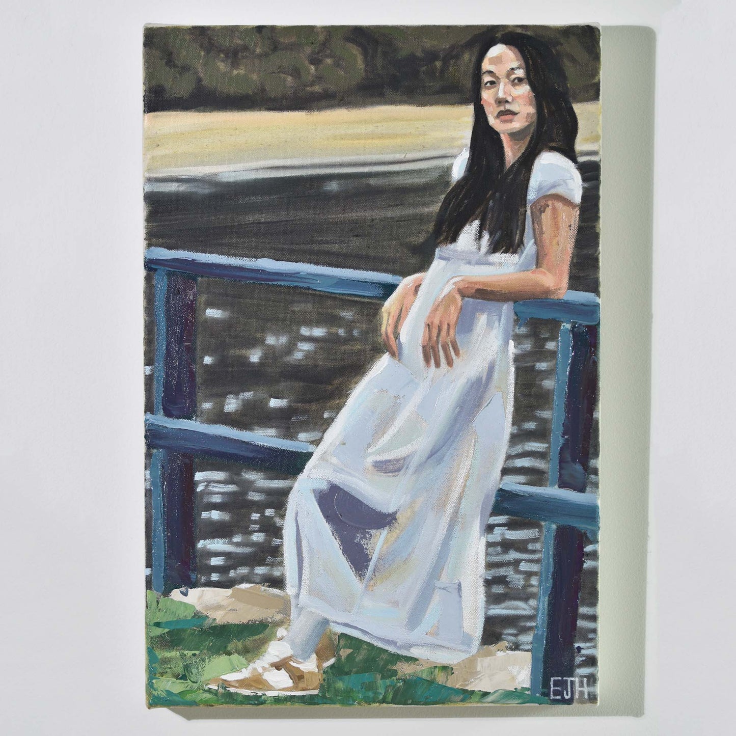 'Near Lavendar Bay' oil painting hanging on a neutral wall in the artist's studio.