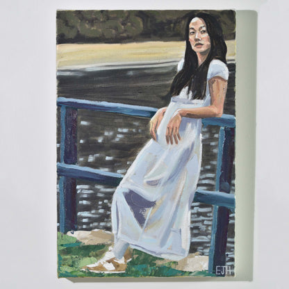 'Near Lavendar Bay' oil painting hanging on a neutral wall in the artist's studio.