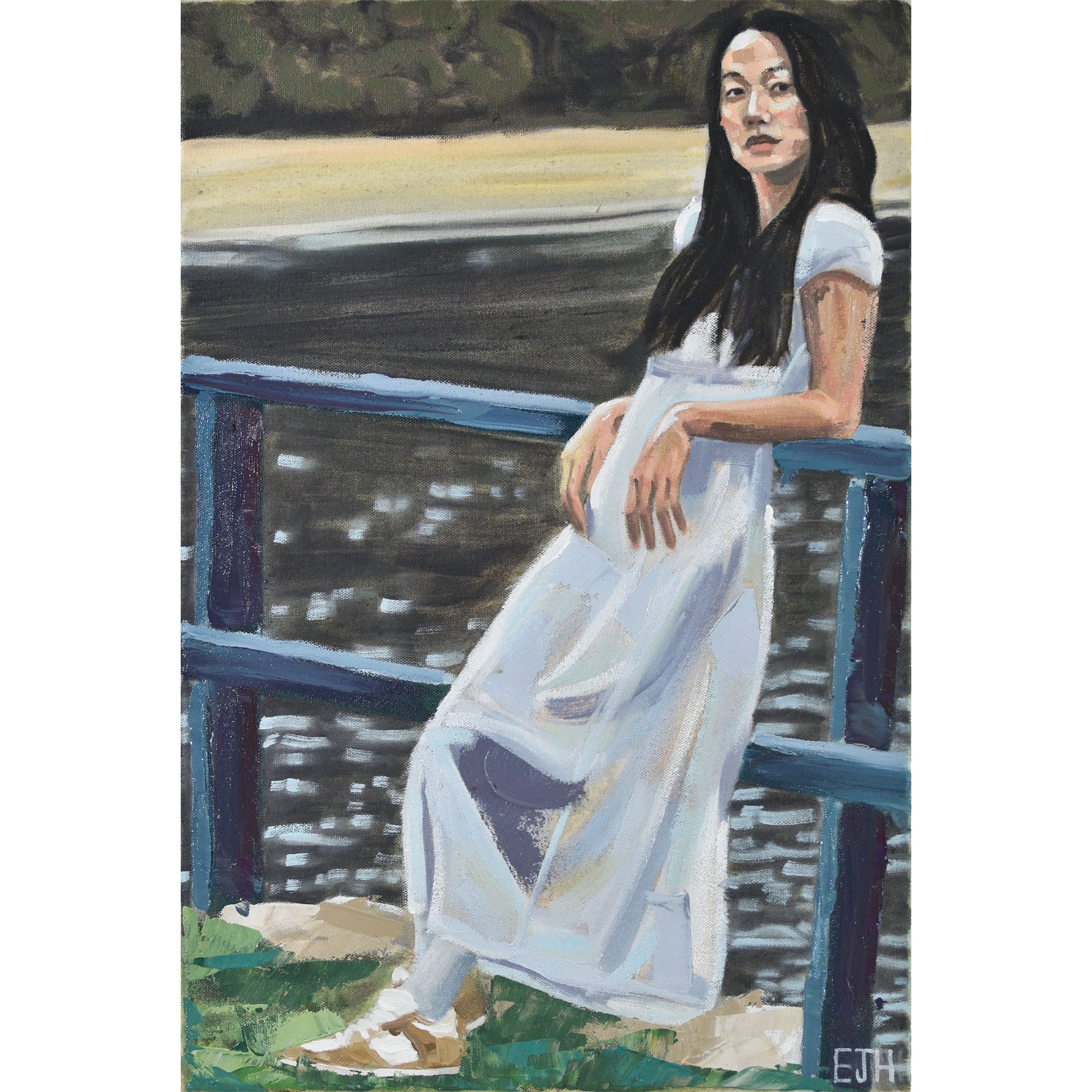 Oil on canvas painting titled 'Near Lavendar Bay', 2025 depicting a female subject in a white dress near a harbour.