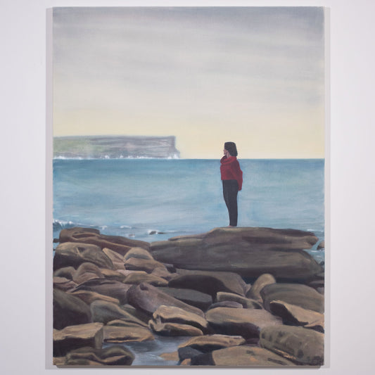 'New Light' oil painting hanging on a neutral wall in the artist's studio.