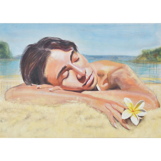 Oil painting titled 'Noon', 2026 depicting a woman laying on sand with a frangipani, surrounded by a scenic beach landscape.