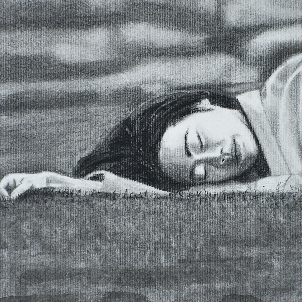 Close-up of woman’s face with a neutral expression in a Contemporary portrait drawing.