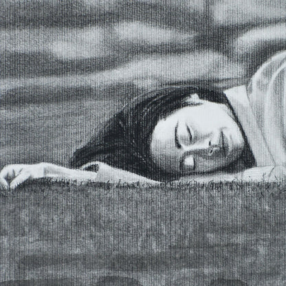 Close-up of woman’s face with a neutral expression in a Contemporary portrait drawing.