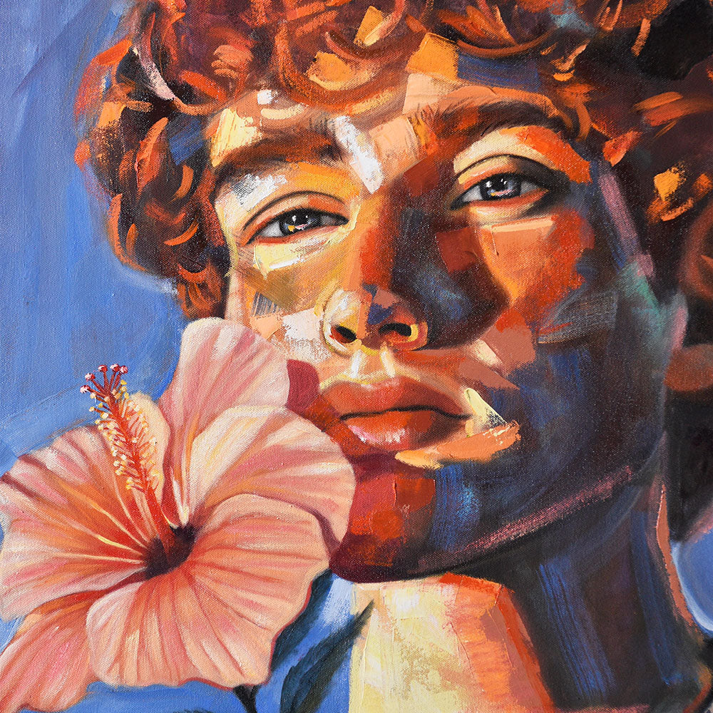 Close-up of man’s face with a neutral expression in a Contemporary portrait painting.