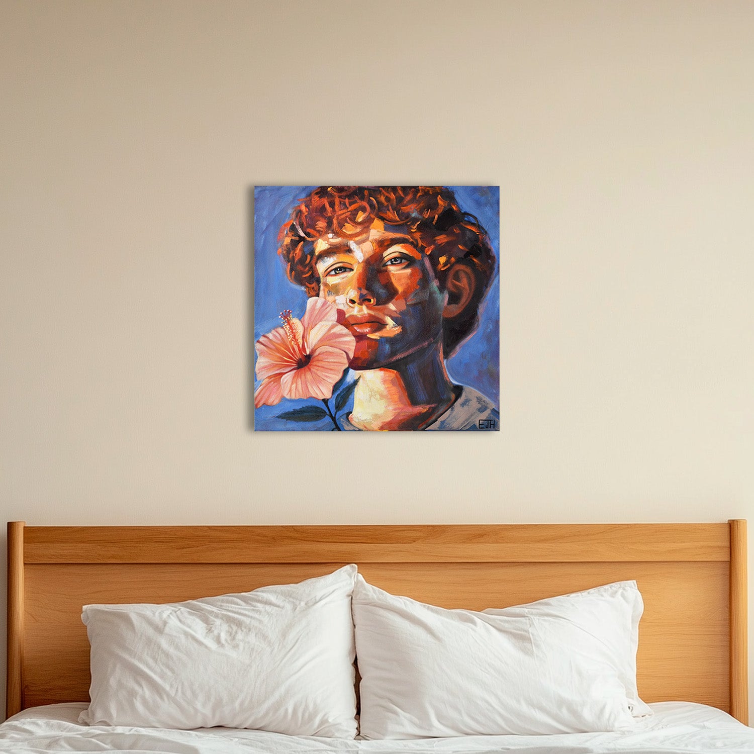 'Phoenix' oil painting of a man hanging on a wall above a bed.