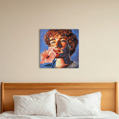 'Phoenix' oil painting of a man hanging on a wall above a bed.