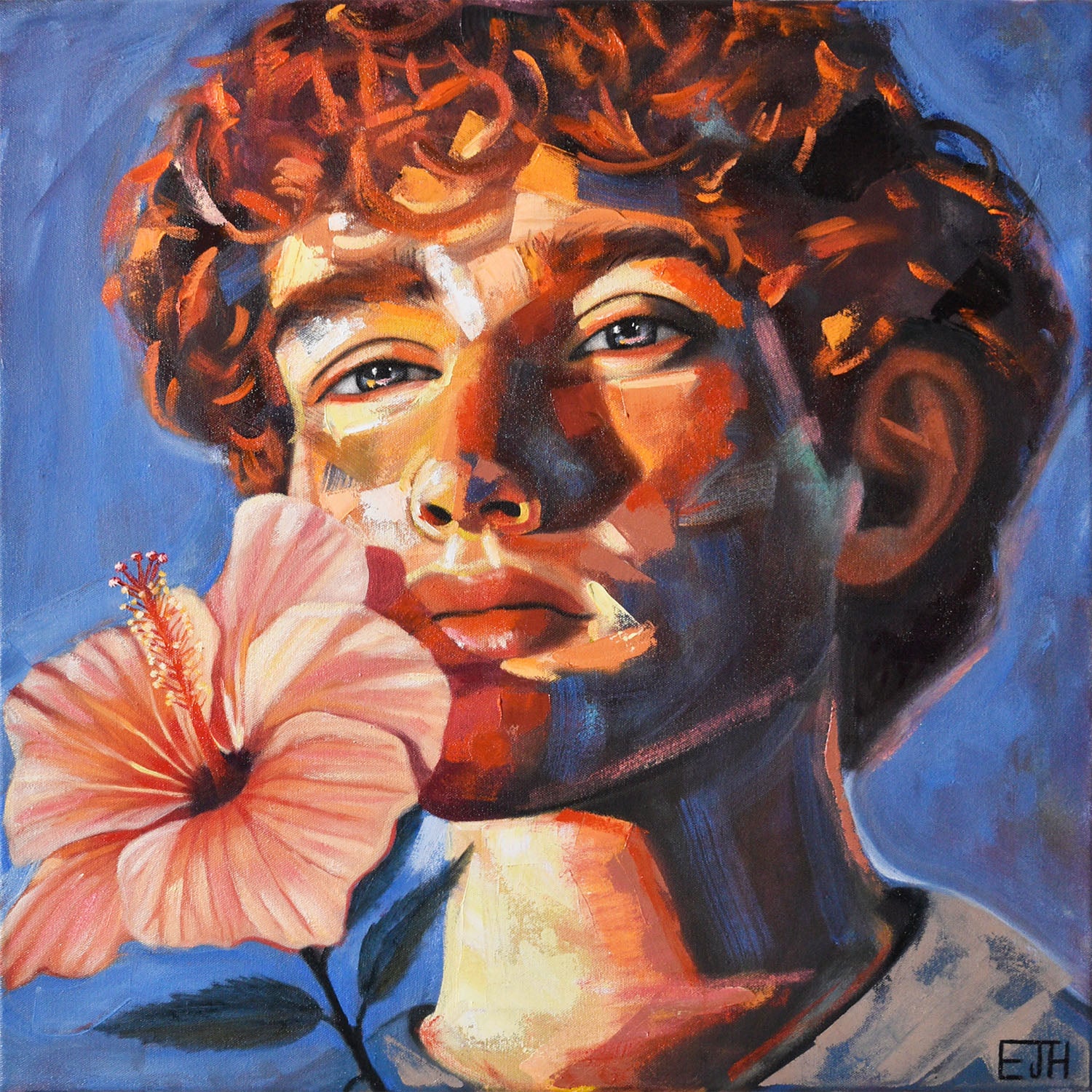 Oil painting titled 'Pheonix', 2025 depicting a male subject with a flower, featuring warm tones against a blue background.