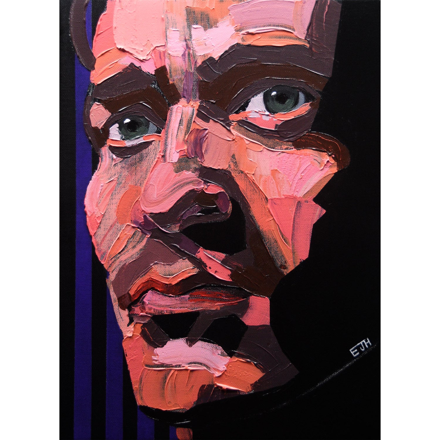 Acrylic painting titled 'Soliloquy', 2022 depicting a male subject with abstract vibrant colors on a black background.