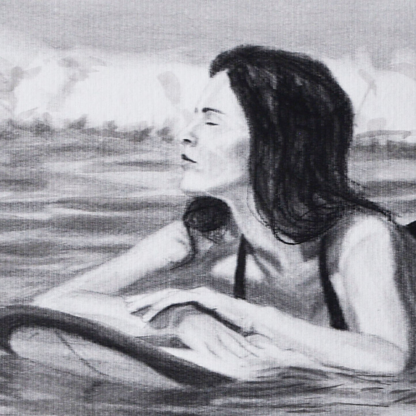 Close-up of woman’s face with a neutral expression in a Contemporary portrait drawing.