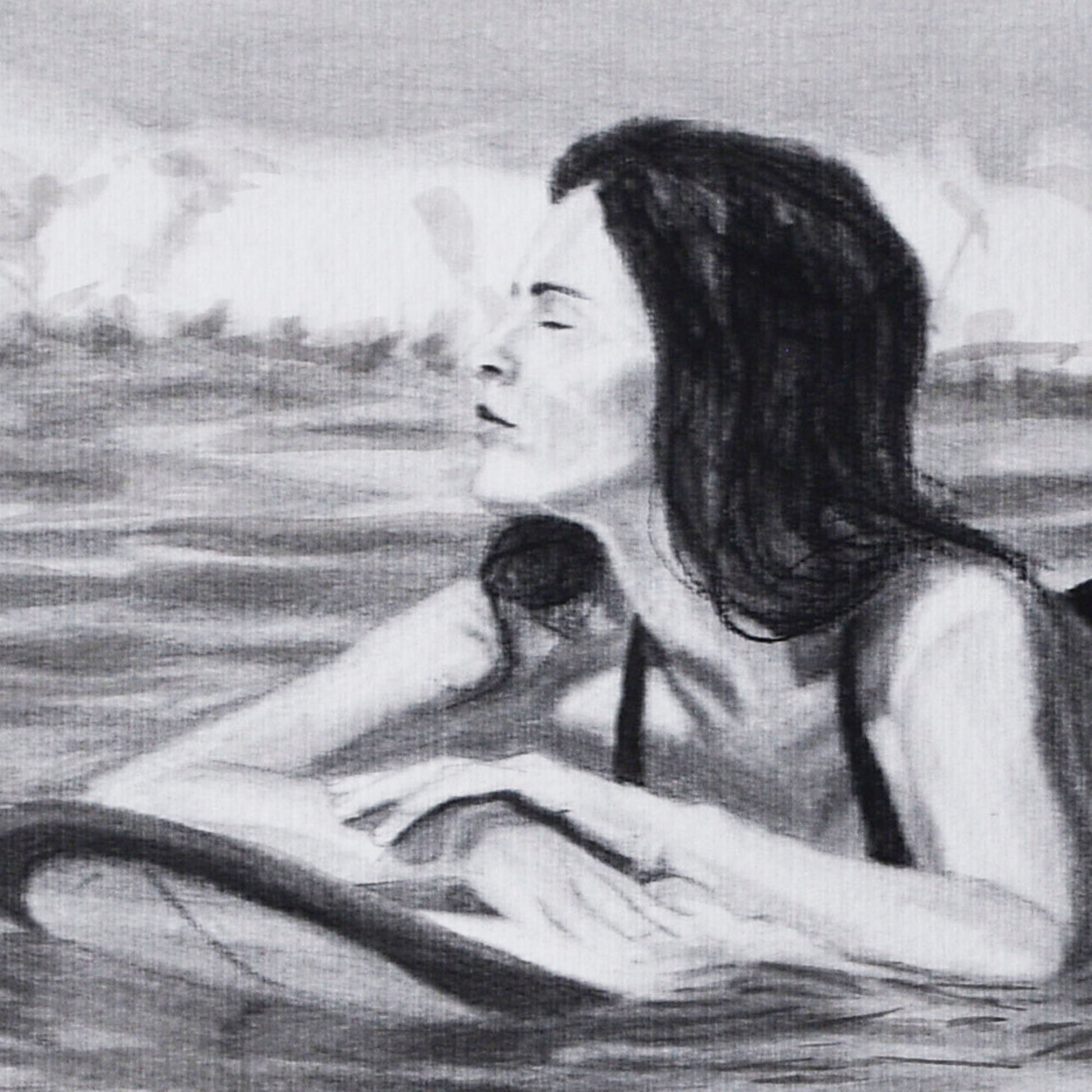 Close-up of woman’s face with a neutral expression in a Contemporary portrait drawing.