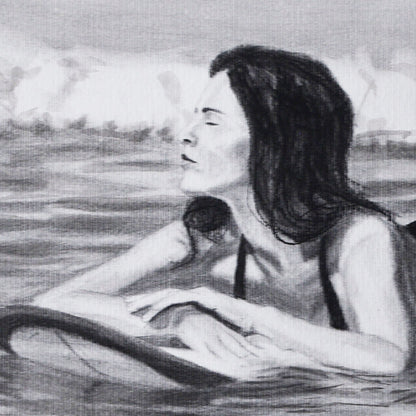 Close-up of woman’s face with a neutral expression in a Contemporary portrait drawing.