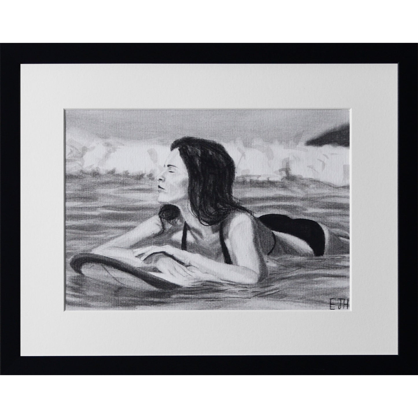 Framed portrait drawing titled 'Soul Surfer', 2025 depicting a female subject in water with a surfboard.