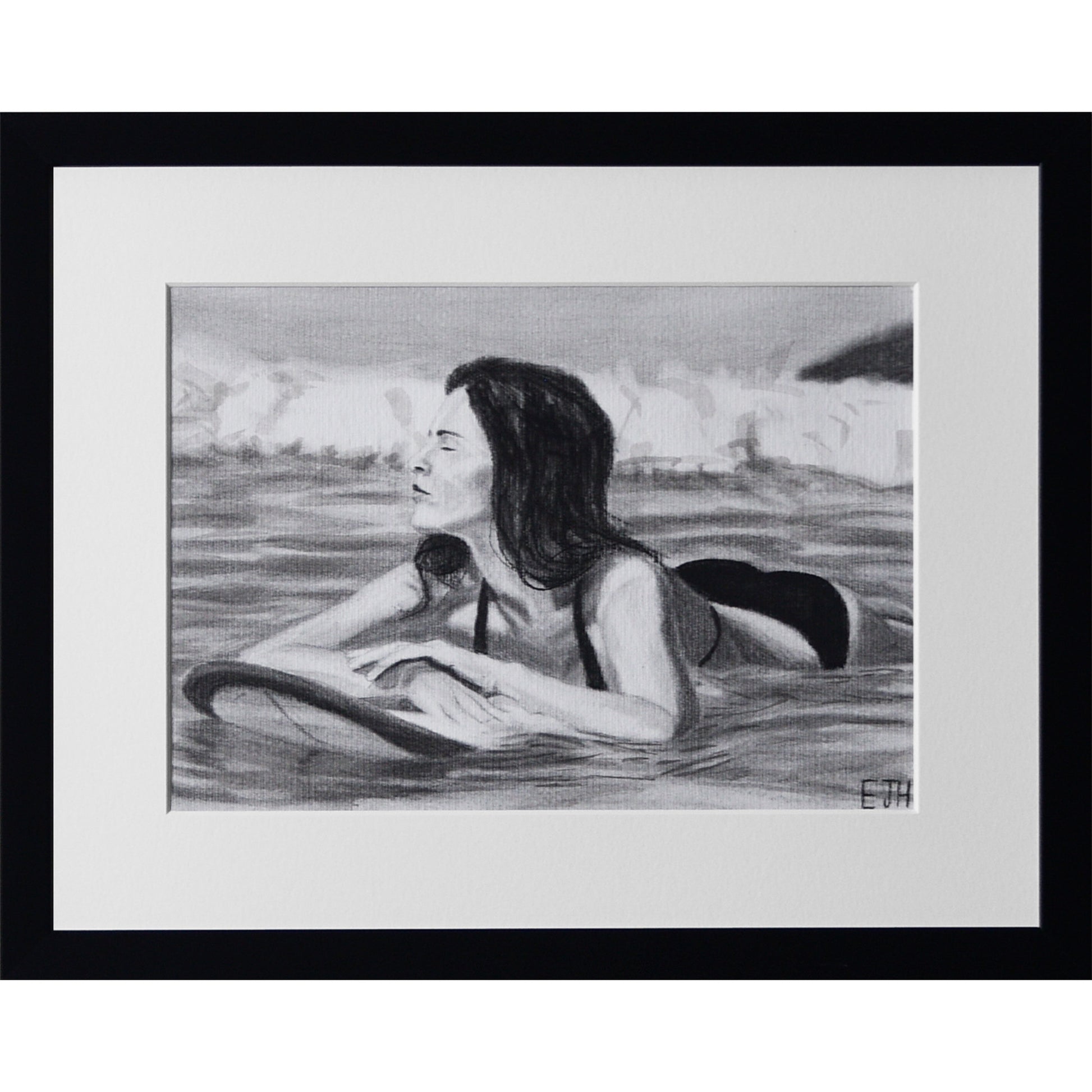 Framed portrait drawing titled 'Soul Surfer', 2025 depicting a female subject in water with a surfboard.