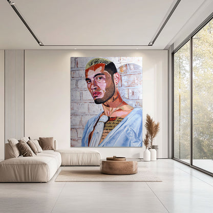 'Stan Walker' mixed media painting of a man on a wall in a modern living room.