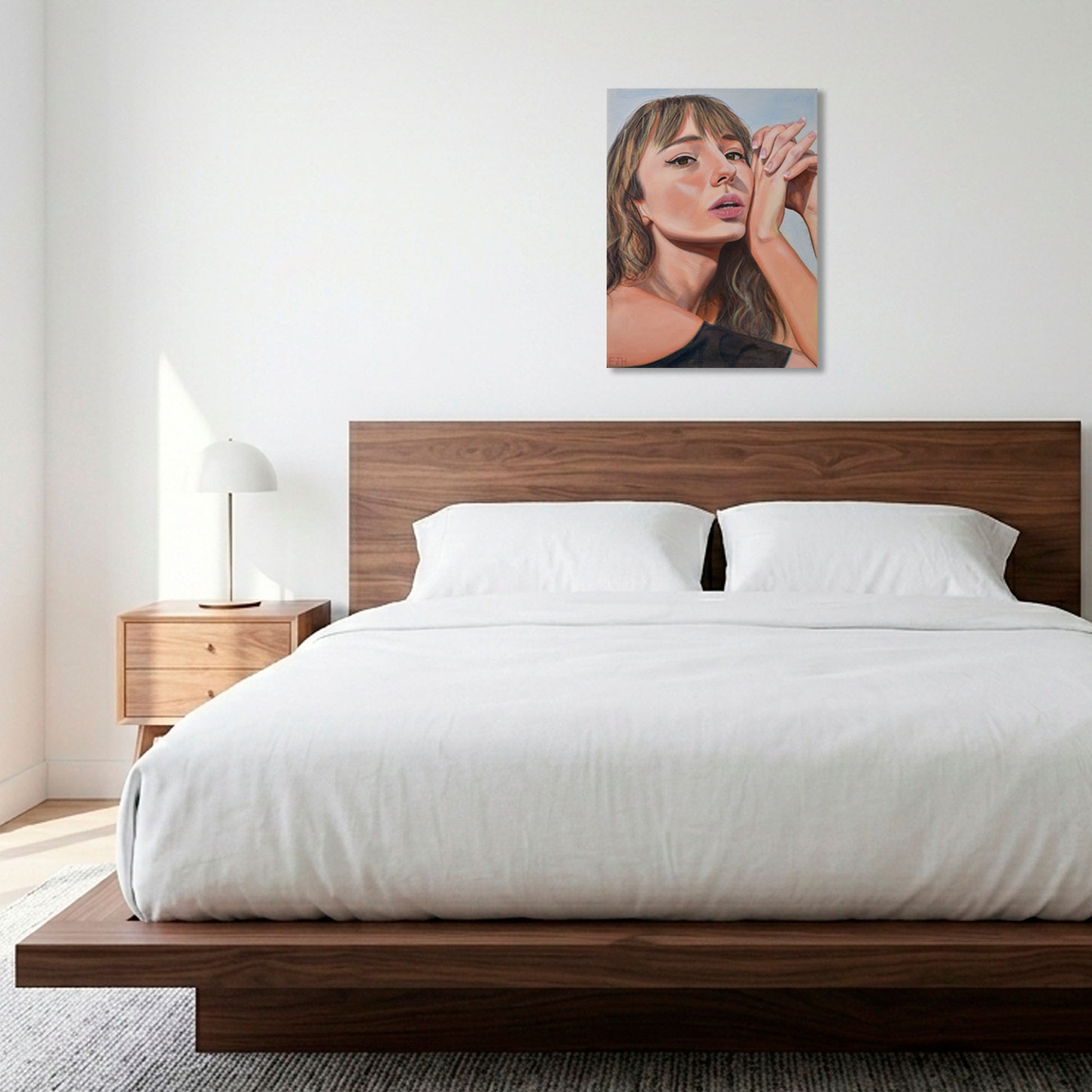 'Sunbleached Girl' oil painting of a woman in bedroom with wooden bed frame and white bedding.