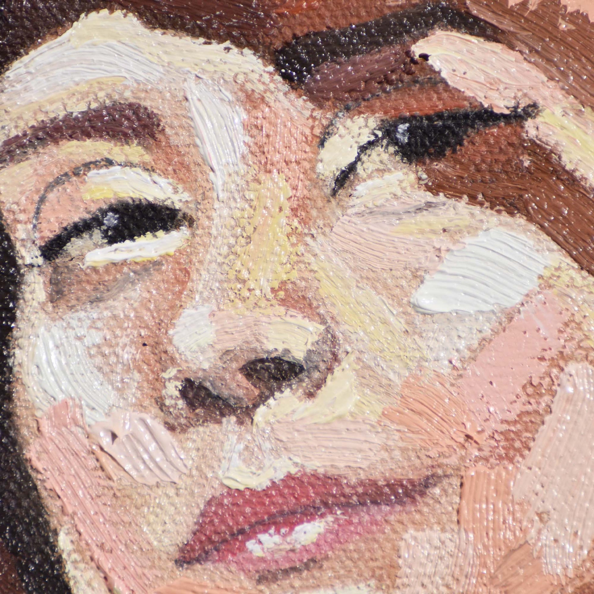 Close-up of a face with a textured surface in a Contemporary portrait painting.