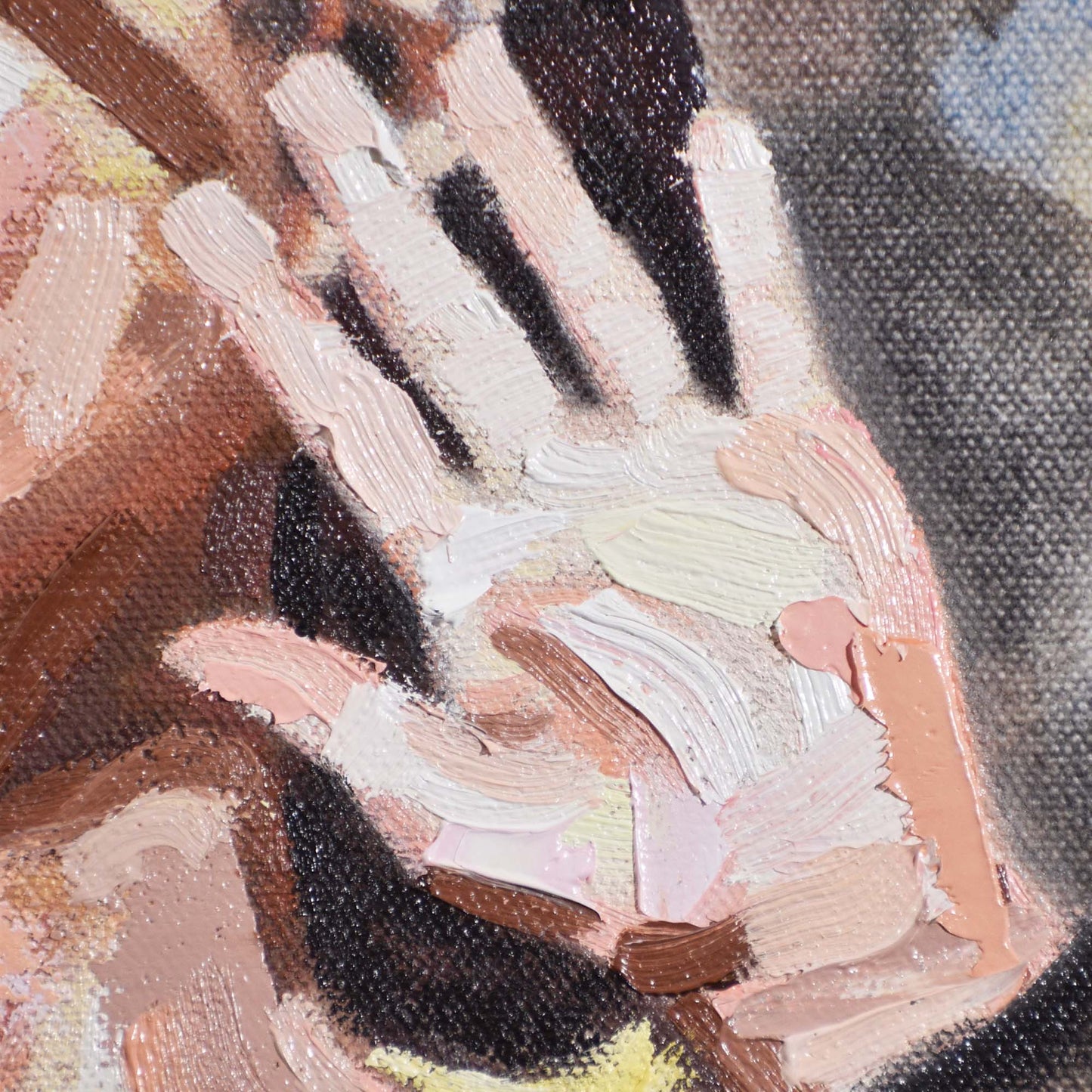 Close-up of woman’s hand with textured brushstrokes in brown, beige, and black in a Contemporary portrait painting.