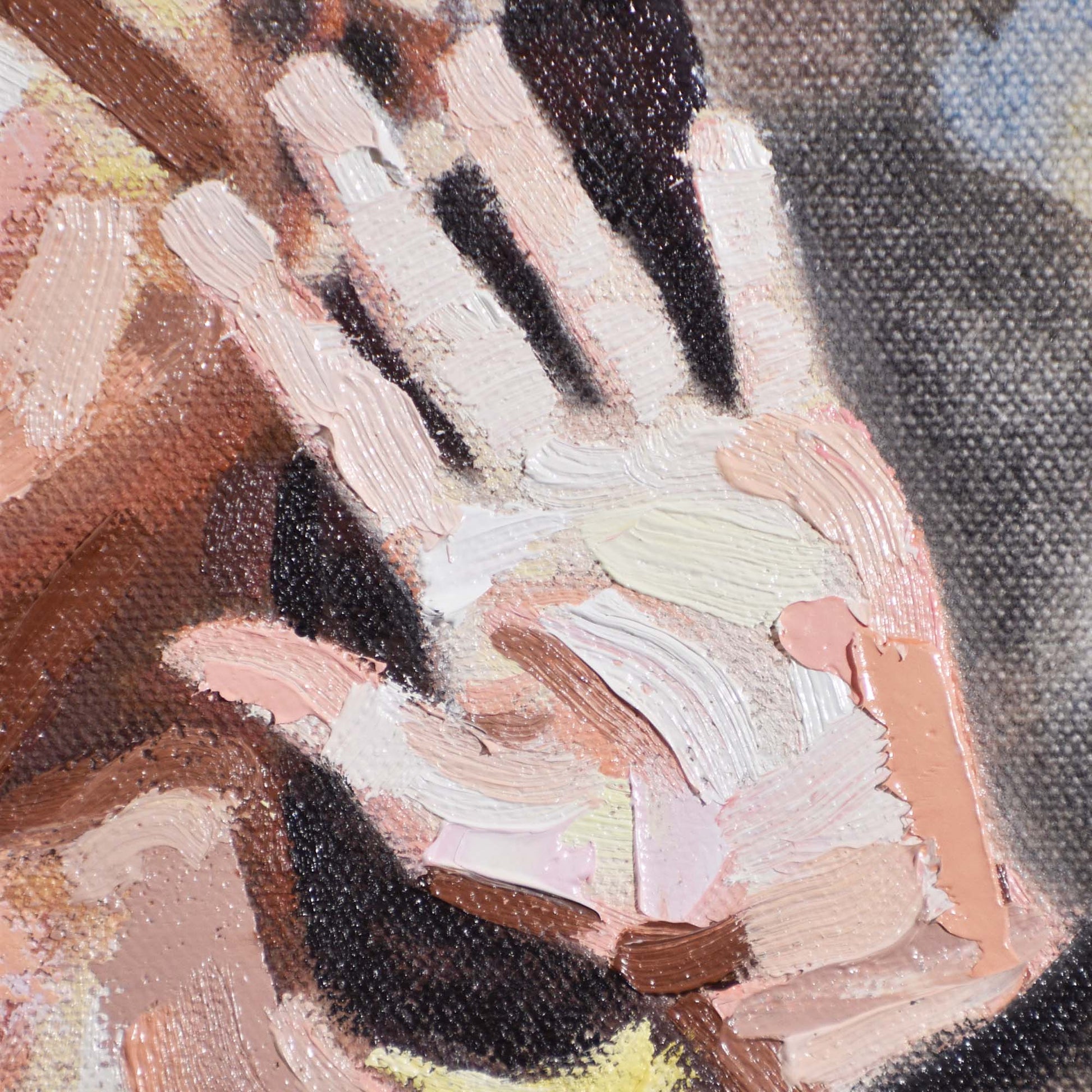 Close-up of woman’s hand with textured brushstrokes in brown, beige, and black in a Contemporary portrait painting.