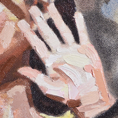 Close-up of woman’s hand with textured brushstrokes in brown, beige, and black in a Contemporary portrait painting.