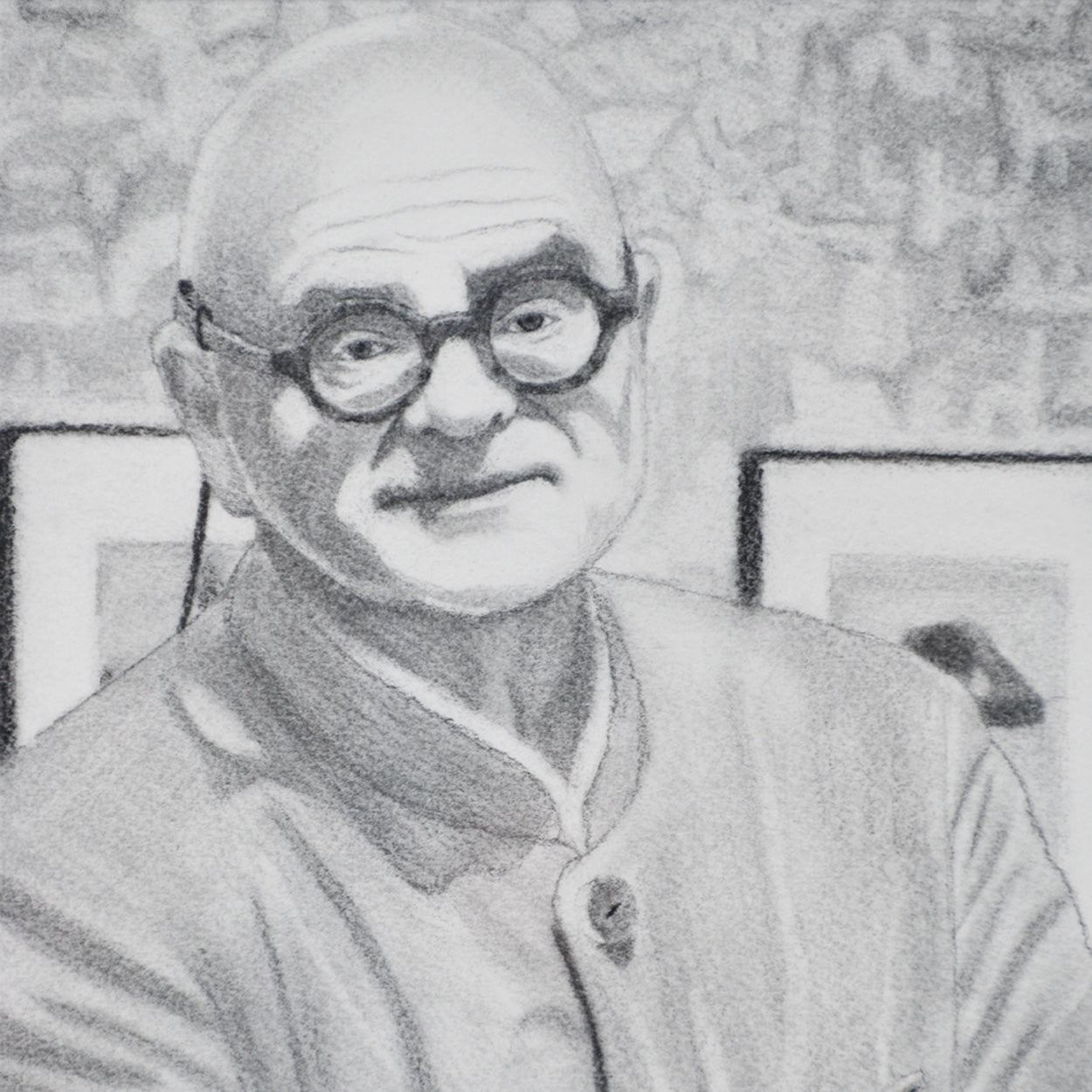 Close-up of man’s face with a neutral expression in a Contemporary portrait drawing.